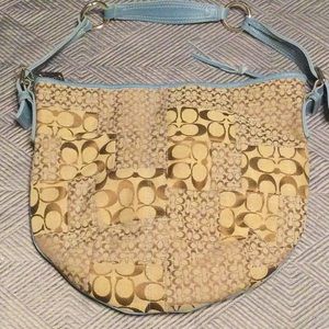 Coach large canvas tan and brown leather signature shoulder bag for women